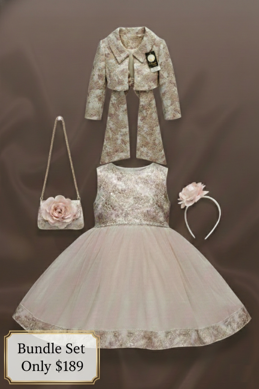 Full 4-piece girls formal wear bundle in luxury brown and gold brocade. Includes a tiered tulle dress, a royal British style long sleeve mini jacket with a statement long bow, a matching floral rose bag, and a headband. Shop this complete set at Trendy Angels Boutique, 533 Sydney Rd, Brunswick, Melbourne, or call 04 19 19 19 09.