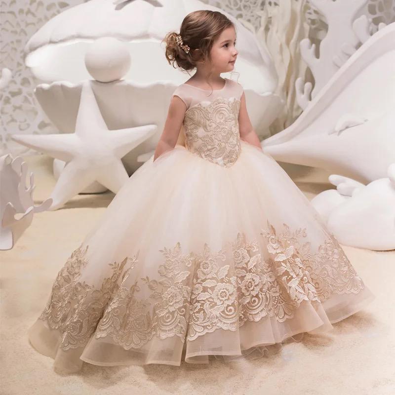 Beautiful Trailing Lace Flower Girl Dress – Elegant Princess Wedding & Birthday Dress