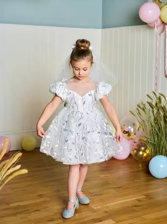 Tulle Girls Birthday Dress with Sweet Bubble Sleeve, Princess Party Dresses