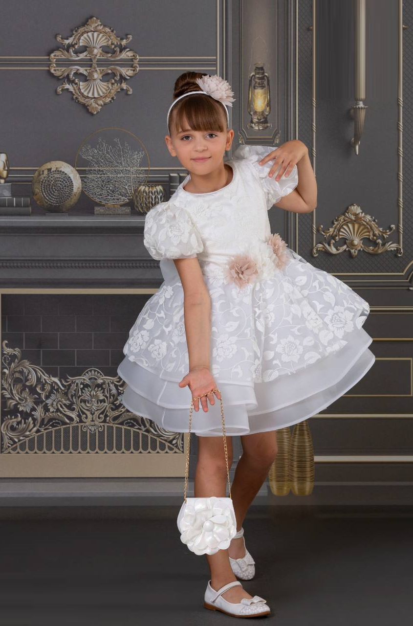 3 Pcs/Little girls princess Puffy Bubble Sleeves and Elegant Bow, Multi-layer Tulle Girls Dress Best for Parties and Birthday.