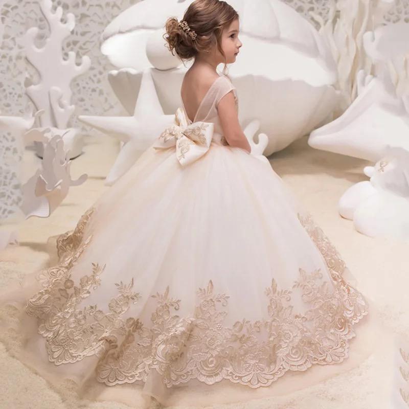 Beautiful Trailing Lace Flower Girl Dress – Elegant Princess Wedding & Birthday Dress