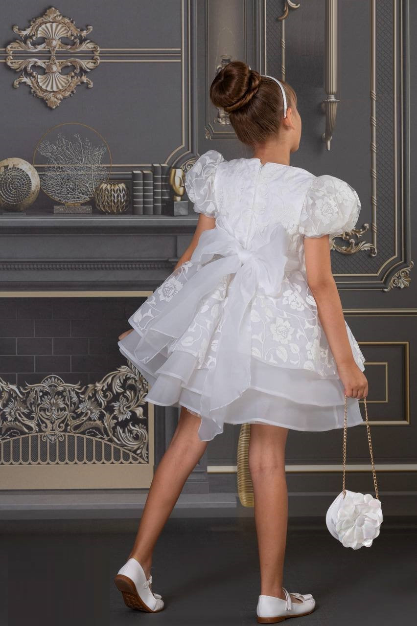 3 Pcs/Little girls princess Puffy Bubble Sleeves and Elegant Bow, Multi-layer Tulle Girls Dress Best for Parties and Birthday.