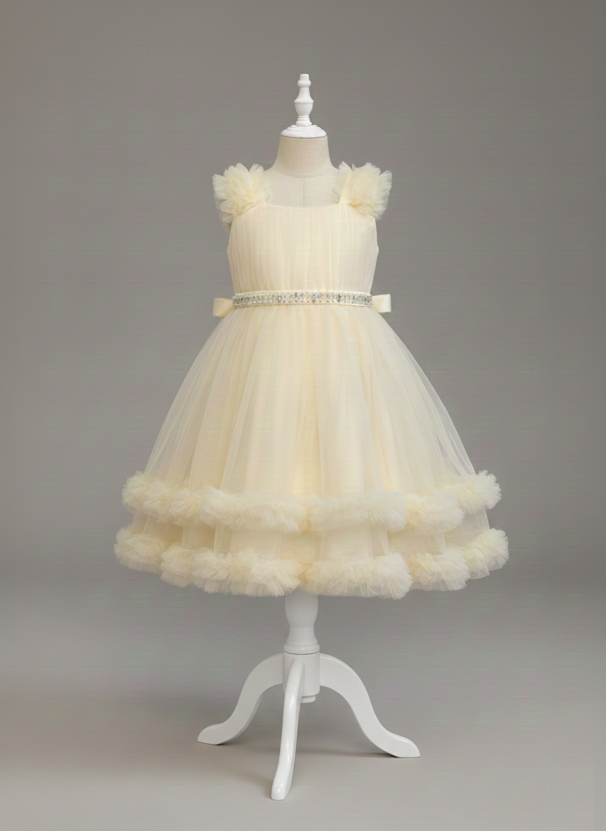 Beige Ruffle-Sleeve Tulle Ball Gown – Glamorous Crystal Waist Design