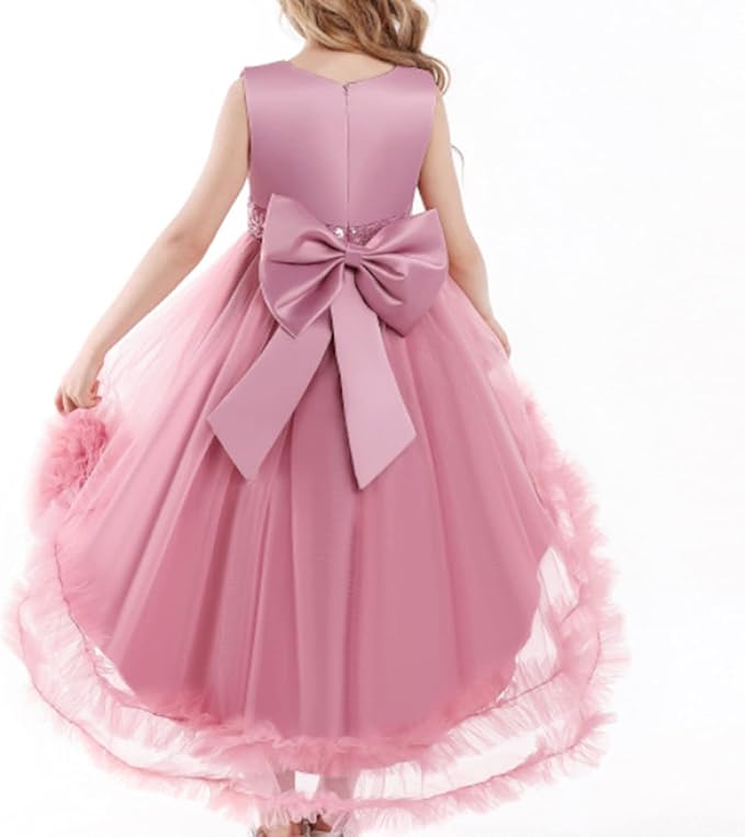 Flower Girl Floral Mesh & Satin Sequin Dress with Mini Tail, Birthday & Party Dress.