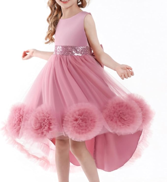 Flower Girl Floral Mesh & Satin Sequin Dress with Mini Tail, Birthday & Party Dress.