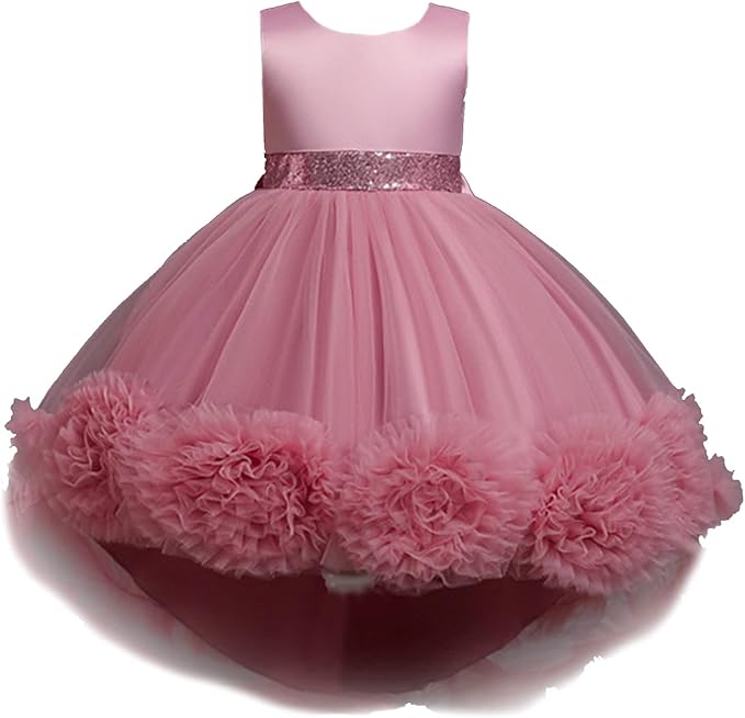 Flower Girl Floral Mesh & Satin Sequin Dress with Mini Tail, Birthday & Party Dress.