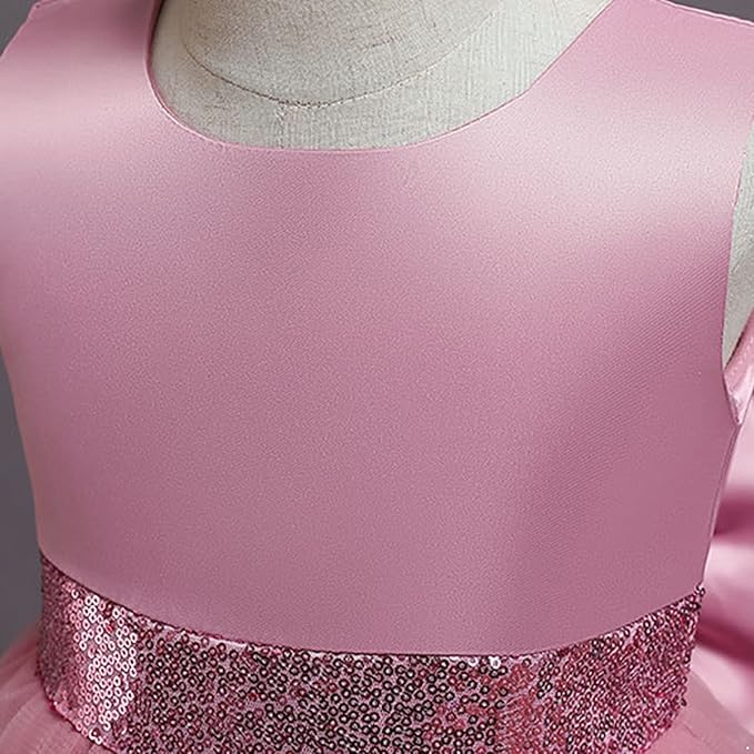 Flower Girl Floral Mesh & Satin Sequin Dress with Mini Tail, Birthday & Party Dress.