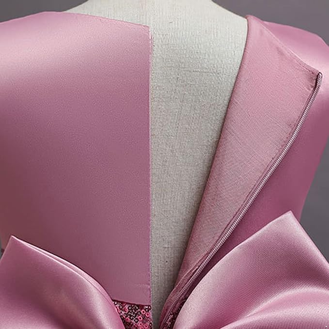 Flower Girl Floral Mesh & Satin Sequin Dress with Mini Tail, Birthday & Party Dress.