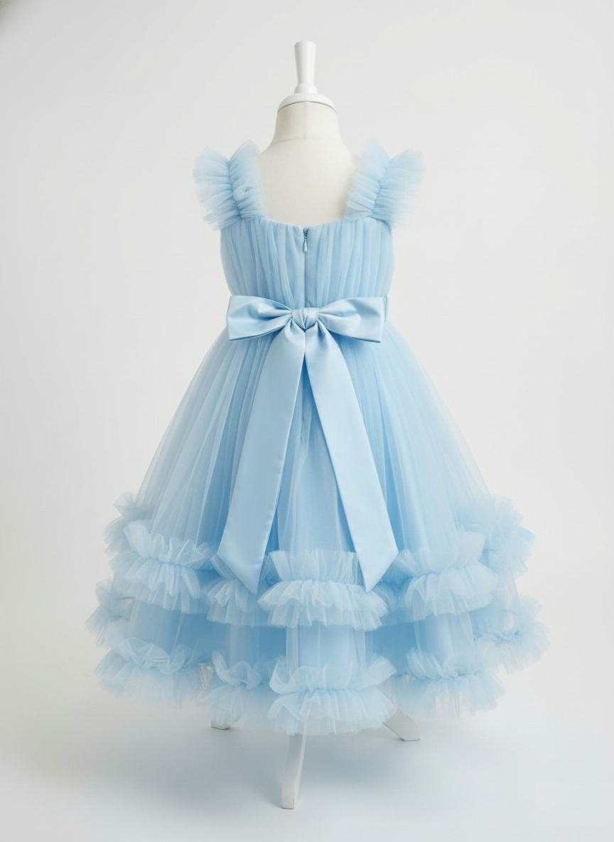 Sky Blue Tulle Flower Girl Dress - Crystal Pearl Belt & Tiered Ruffle Ball Gown