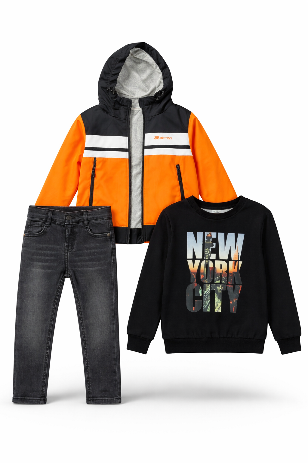 A display of the boys 3-piece New York City outfit set from Trendy Angels Boutique, featuring a vibrant orange and black hooded jacket, a matching long-sleeve top, and dark denim jeans.