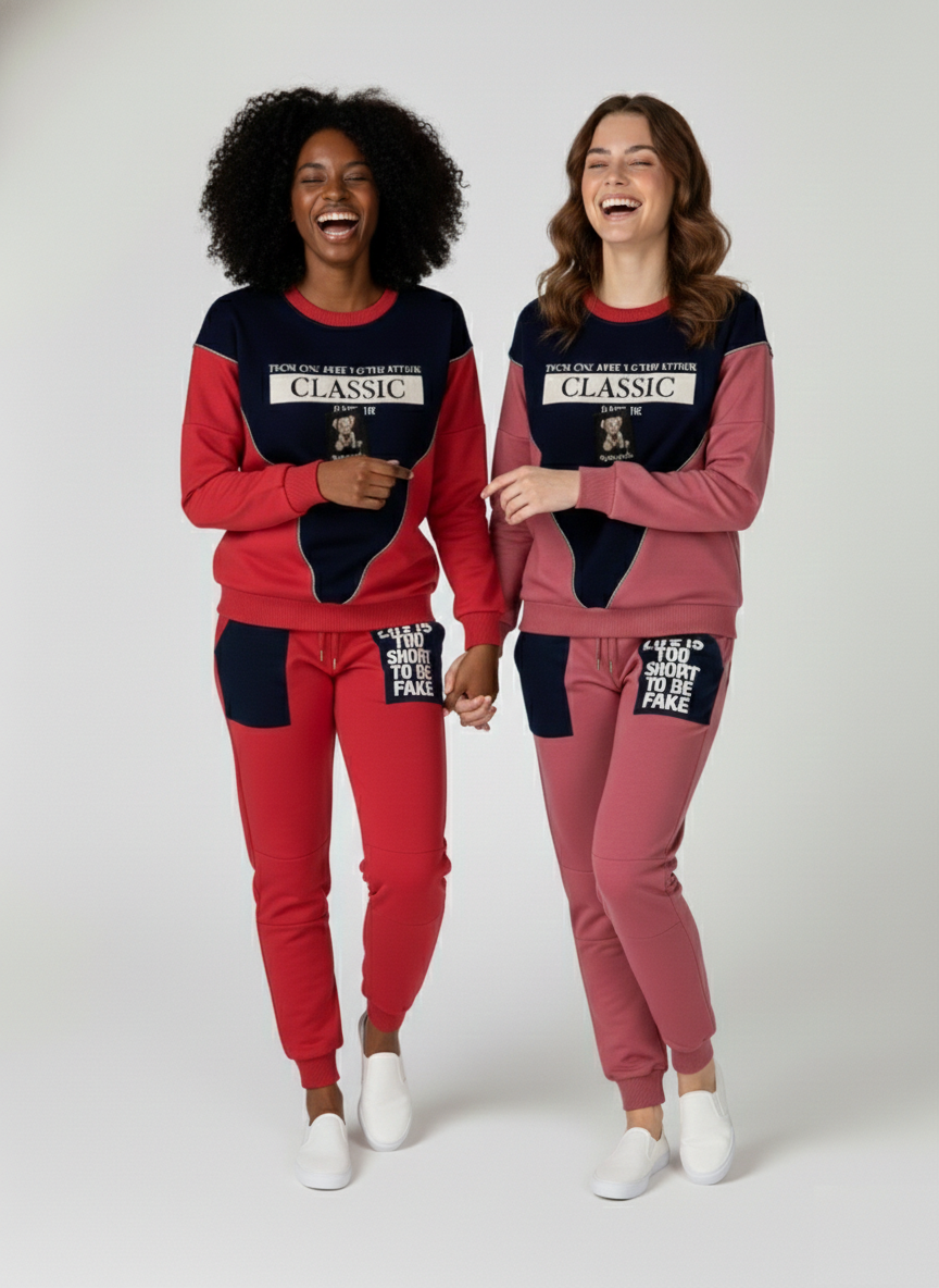 Two models smiling and holding hands, wearing the "Classic" lounge sets in vibrant red and dusty rose with dark navy contrast panels, featuring white graphic text and a teddy bear patch at Trendy Angels Boutique.