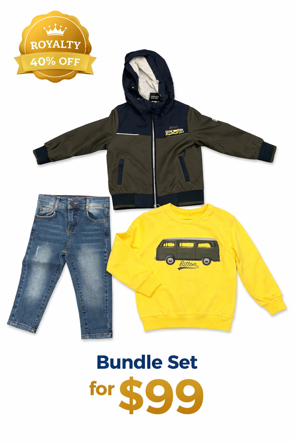 A detailed close-up view of the Royalty Boys Winter Bundle Set, showcasing the premium fabric and design details of the olive and navy hooded jacket, the vibrant yellow long-sleeve top, and the classic blue denim jeans.