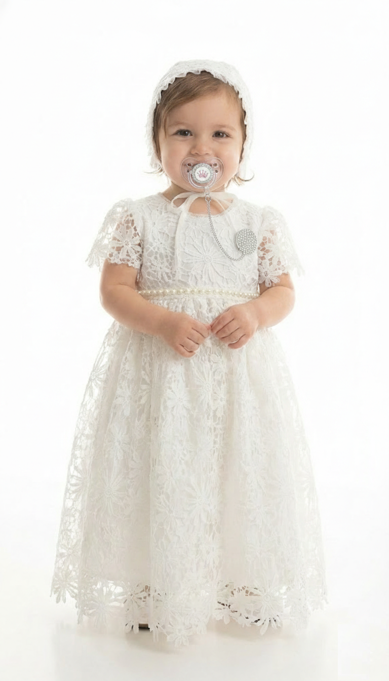 A baby in a white lace baptism dress wearing a luxury pacifier featuring a pink crystal crown center surrounded by a halo of white crystals on a silver handle.