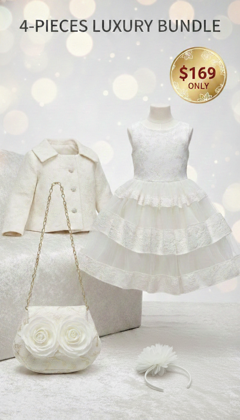 Two young girls in matching luxury 4-piece cream party dress sets celebrating a birthday in Melbourne; one girl is smiling while holding a silver gift box and the other is preparing to cut a three-tier cake. Shop the look at Trendy Angels Boutique, 533 Sydney Rd, Brunswick.