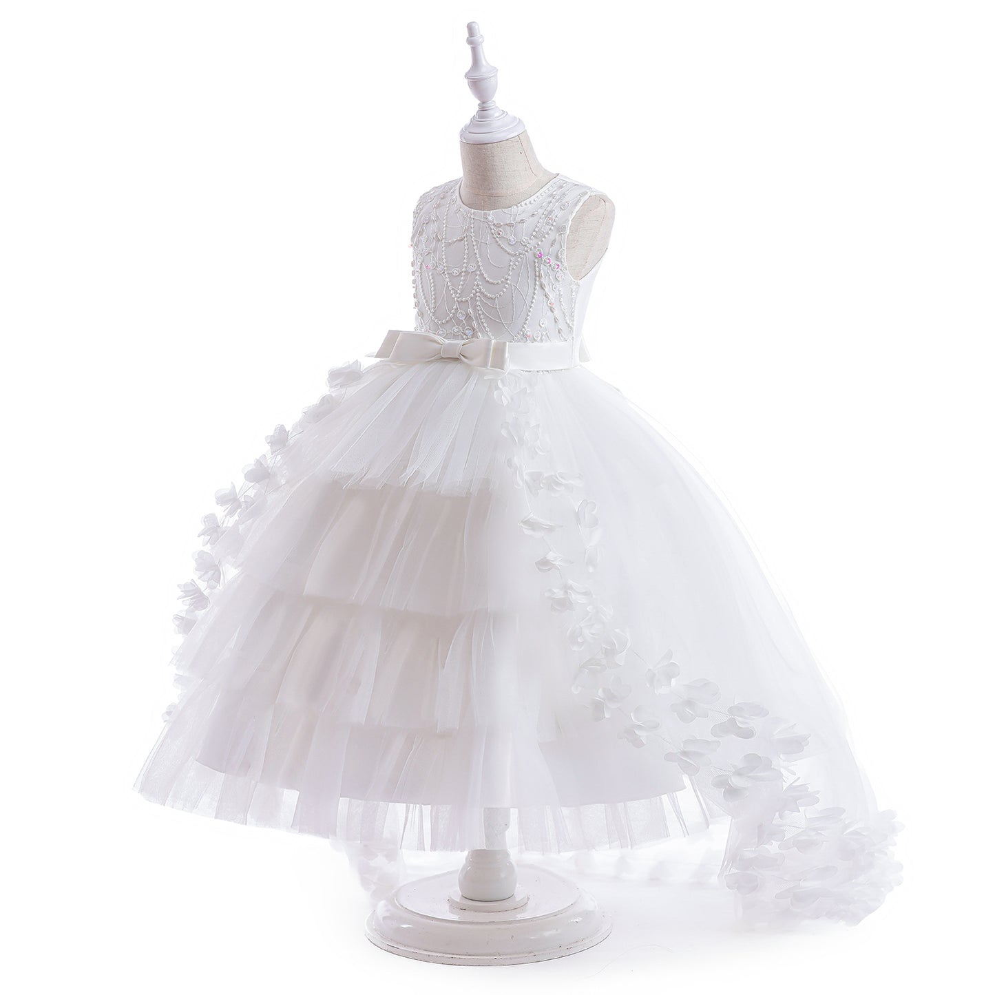 Girls' Sleeveless Princess Evening Tail Dress with Pengpeng Cake Skirt – Elegant Formal Banquet Dress for Special Occasions