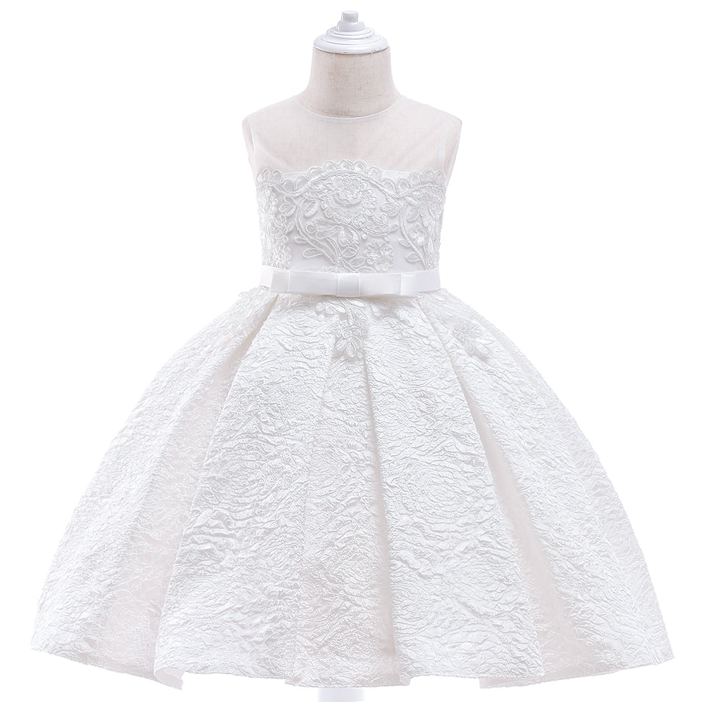 White Baptism, Birthday, Flower Girls Embroidery European Beauty Dress.