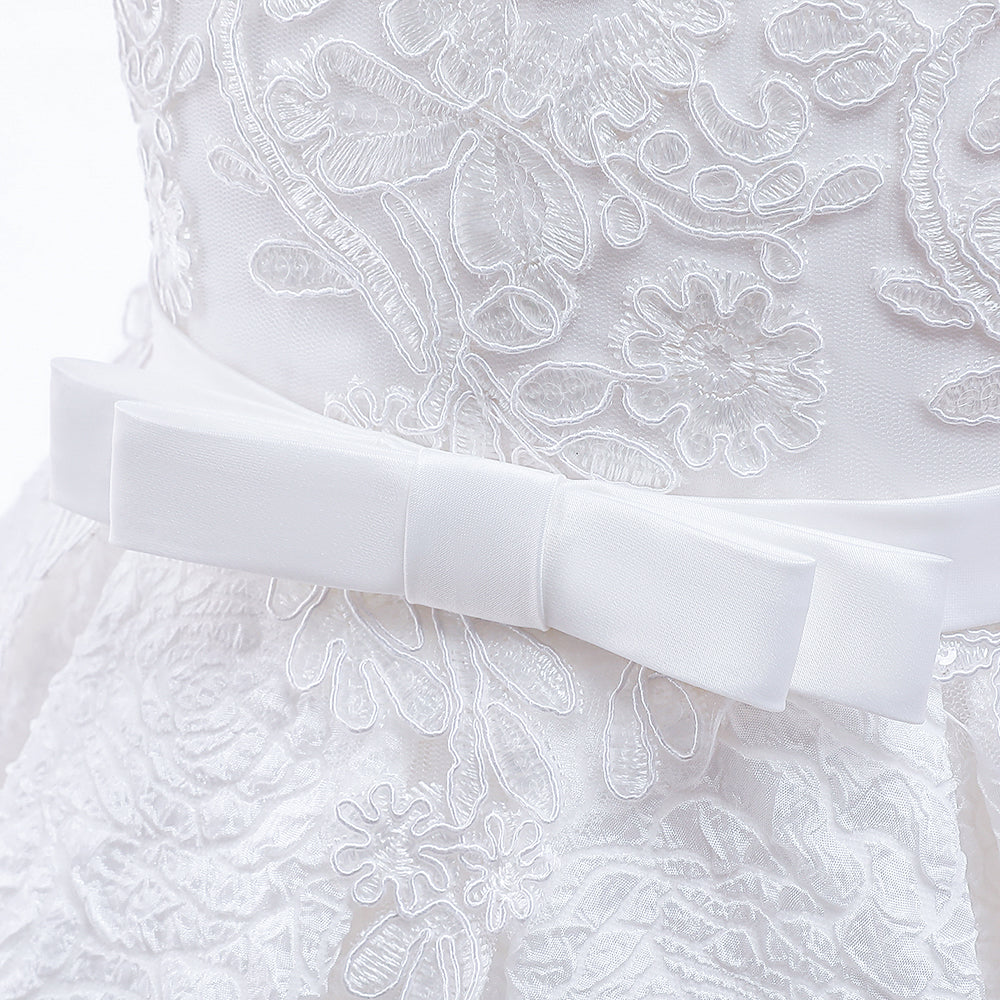 White Baptism, Birthday, Flower Girls Embroidery European Beauty Dress.