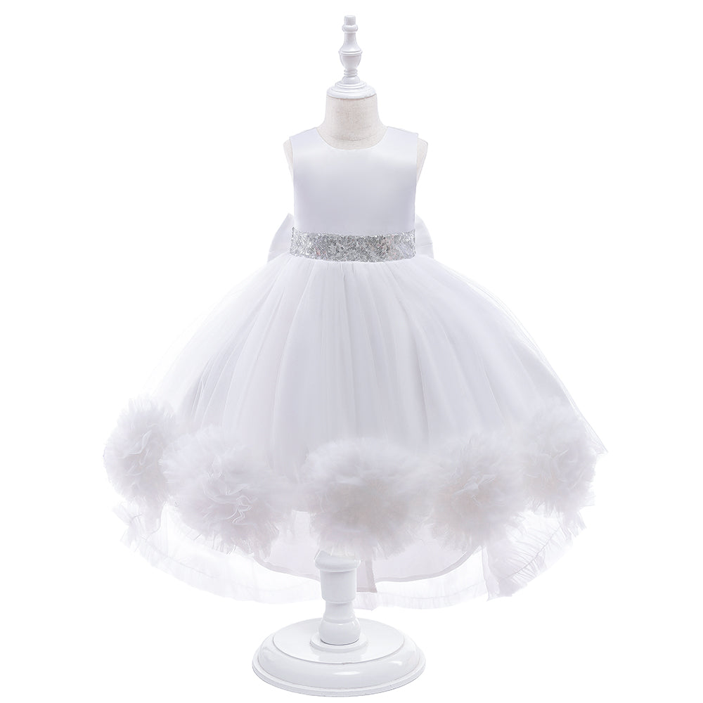 Flower Girl Floral Mesh & Satin Sequin Dress with Mini Tail, Birthday & Party Dress.