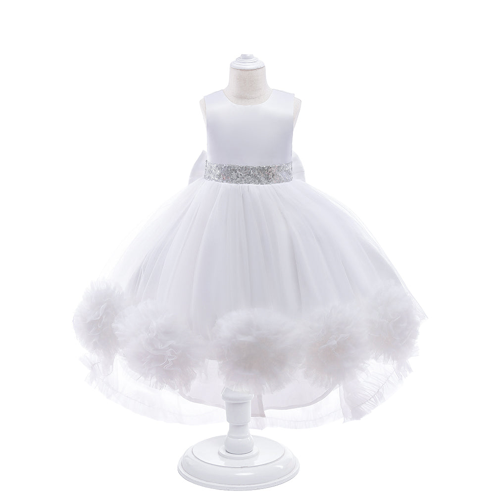 Flower Girl Floral Mesh & Satin Sequin Dress with Mini Tail, Birthday & Party Dress.