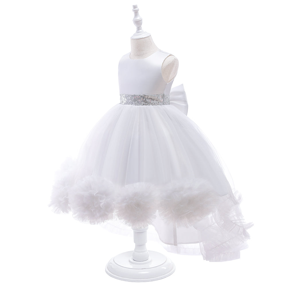 Flower Girl Floral Mesh & Satin Sequin Dress with Mini Tail, Birthday & Party Dress.