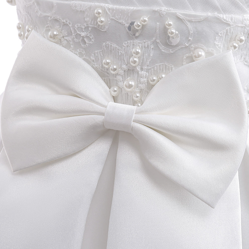 Elegant V-Neck Princess Dress with Bubble Sleeves for Girls, Sparkling Beading & Graceful Waist Detail