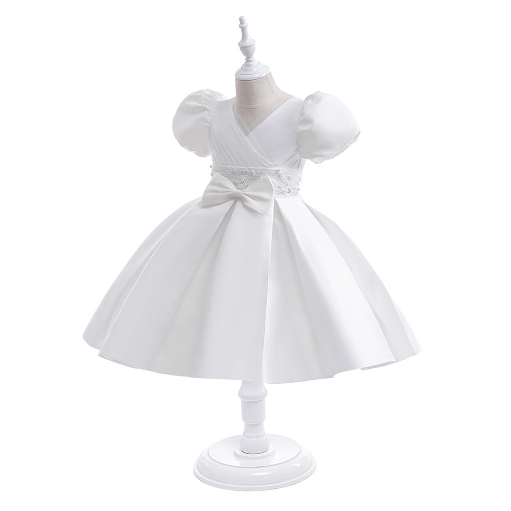 Elegant V-Neck Princess Dress with Bubble Sleeves for Girls, Sparkling Beading & Graceful Waist Detail