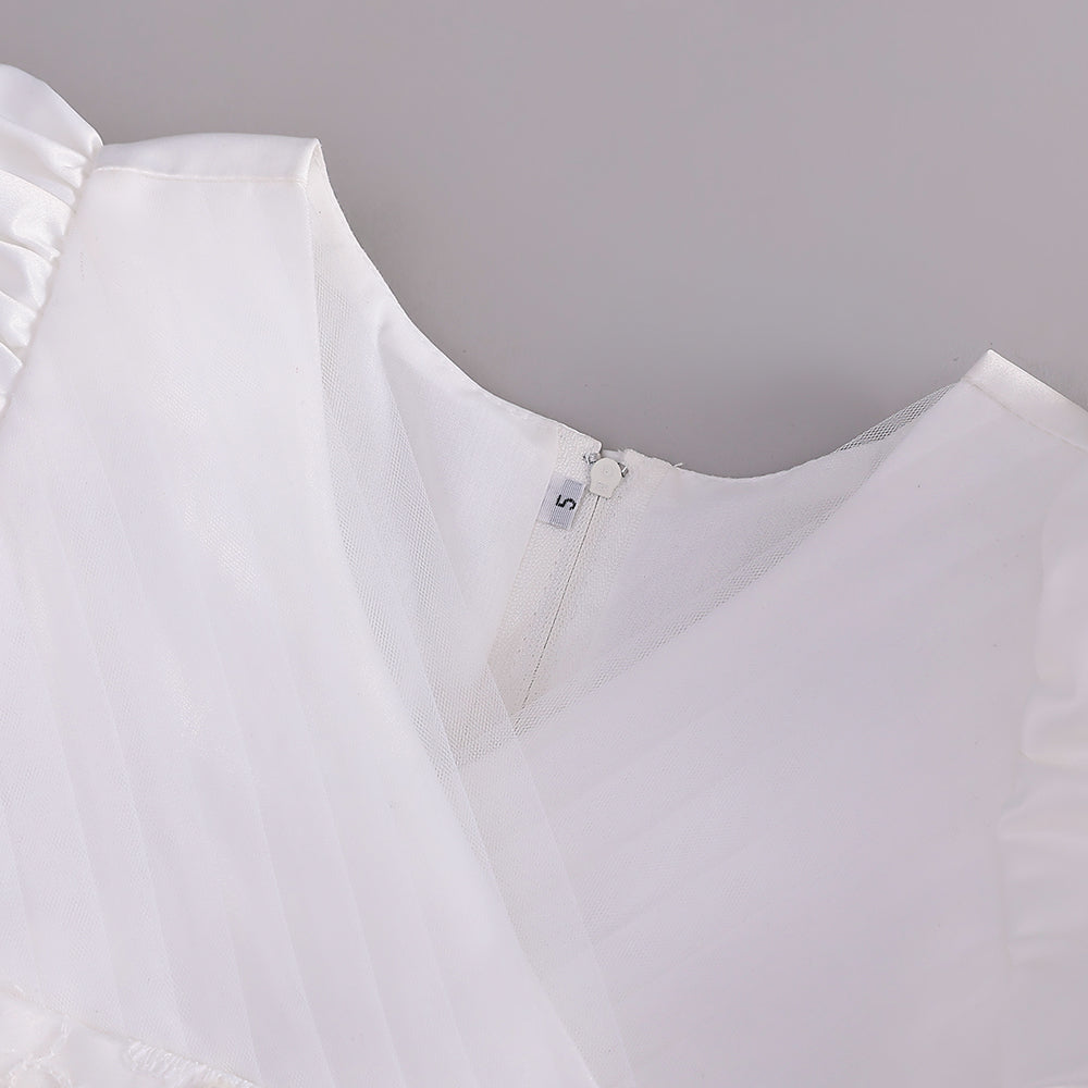 Elegant V-Neck Princess Dress with Bubble Sleeves for Girls, Sparkling Beading & Graceful Waist Detail