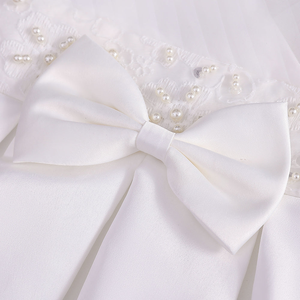 Elegant V-Neck Princess Dress with Bubble Sleeves for Girls, Sparkling Beading & Graceful Waist Detail