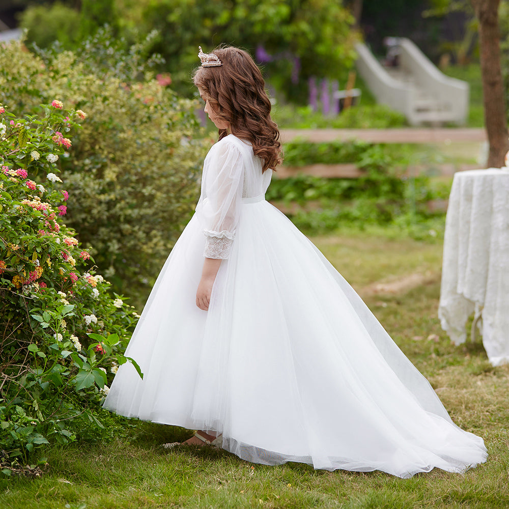 Elegant Long Sleeve Flower Girl Wedding & Communion Dress – Floor-Length Grace for Special Occasions