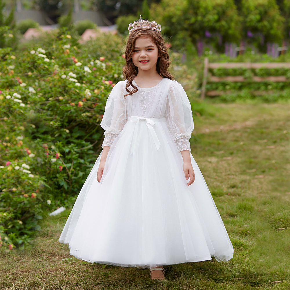 Elegant Long Sleeve Flower Girl Wedding & Communion Dress – Floor-Length Grace for Special Occasions