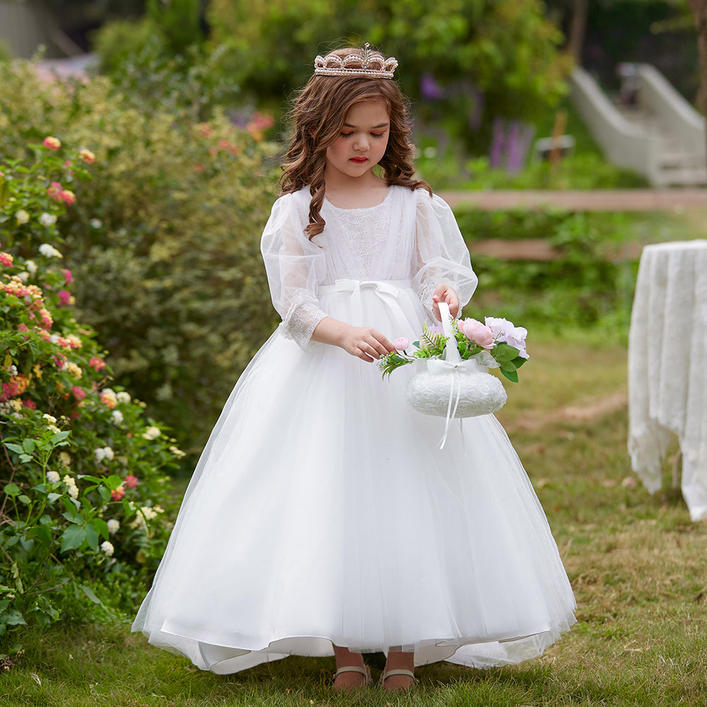 Elegant Long Sleeve Flower Girl Wedding & Communion Dress – Floor-Length Grace for Special Occasions