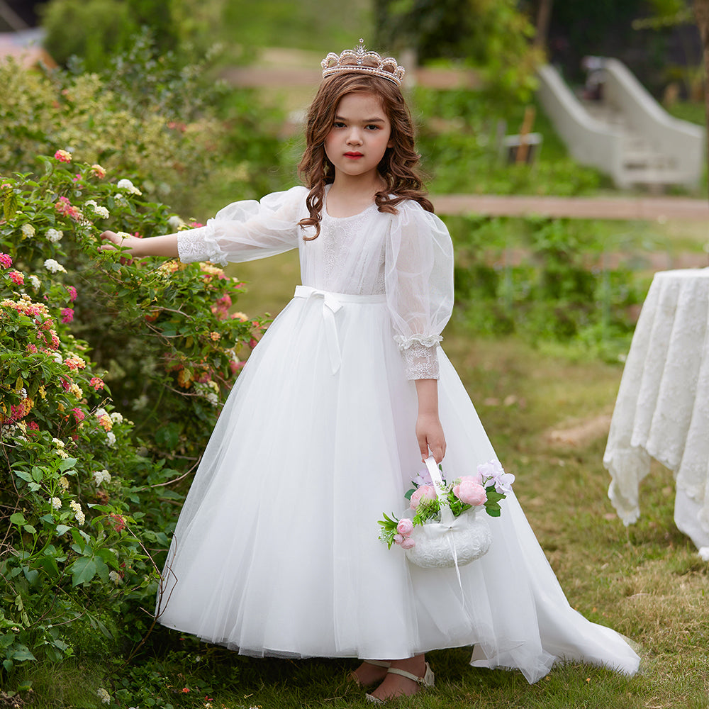 Elegant Long Sleeve Flower Girl Wedding & Communion Dress – Floor-Length Grace for Special Occasions