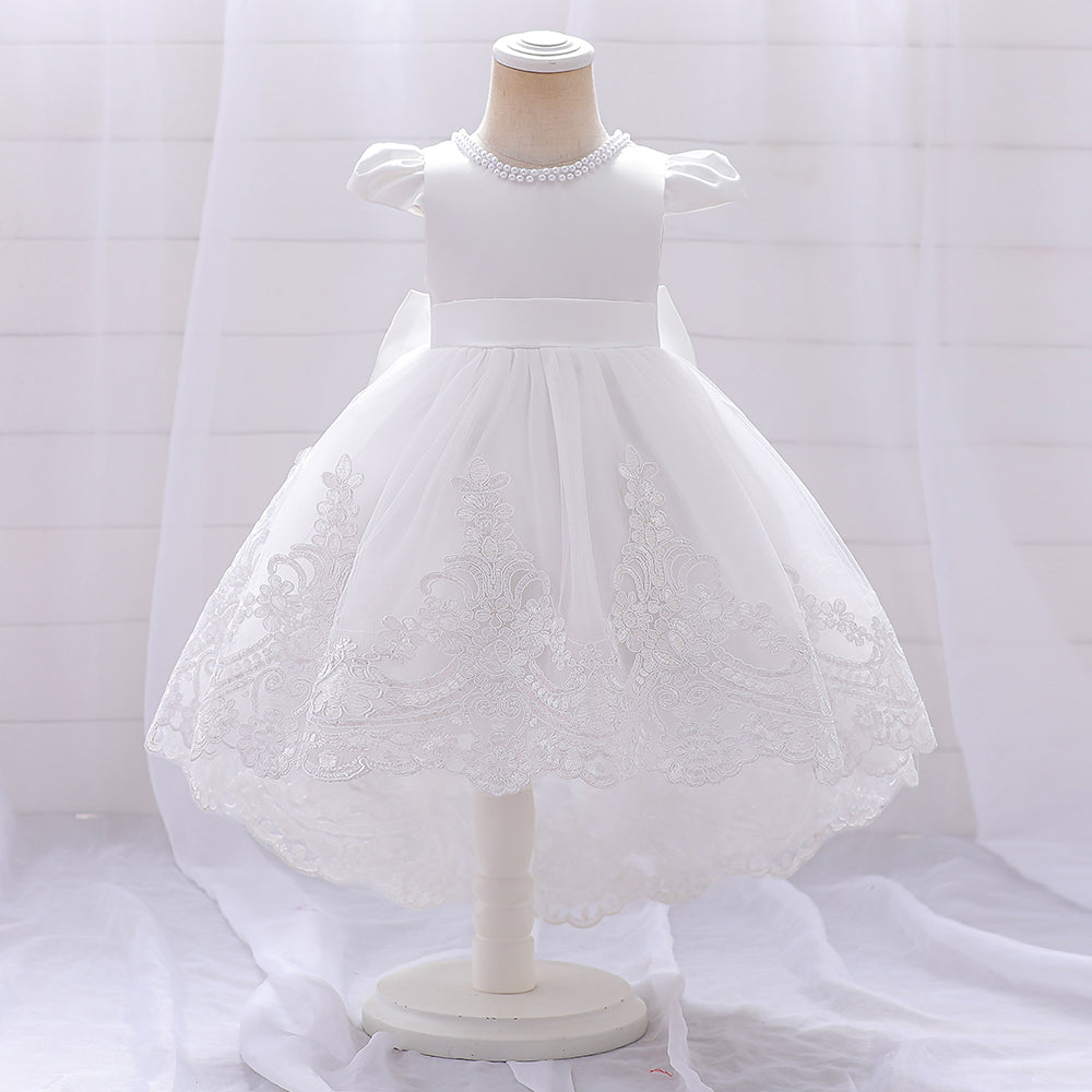 Girls Christmas, Wedding, Baptism and flower girl Princess ball gown Dress with (flying sleeve, Beaded Collar and Fancy Bow)
