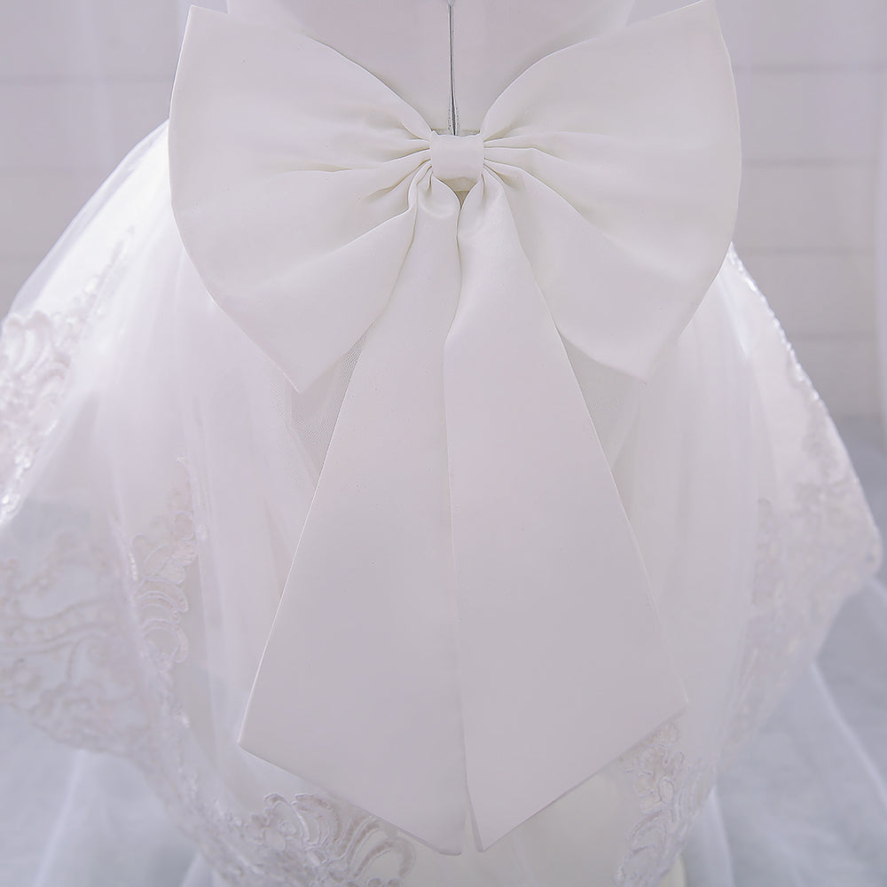 Girls Christmas, Wedding, Baptism and flower girl Princess ball gown Dress with (flying sleeve, Beaded Collar and Fancy Bow)