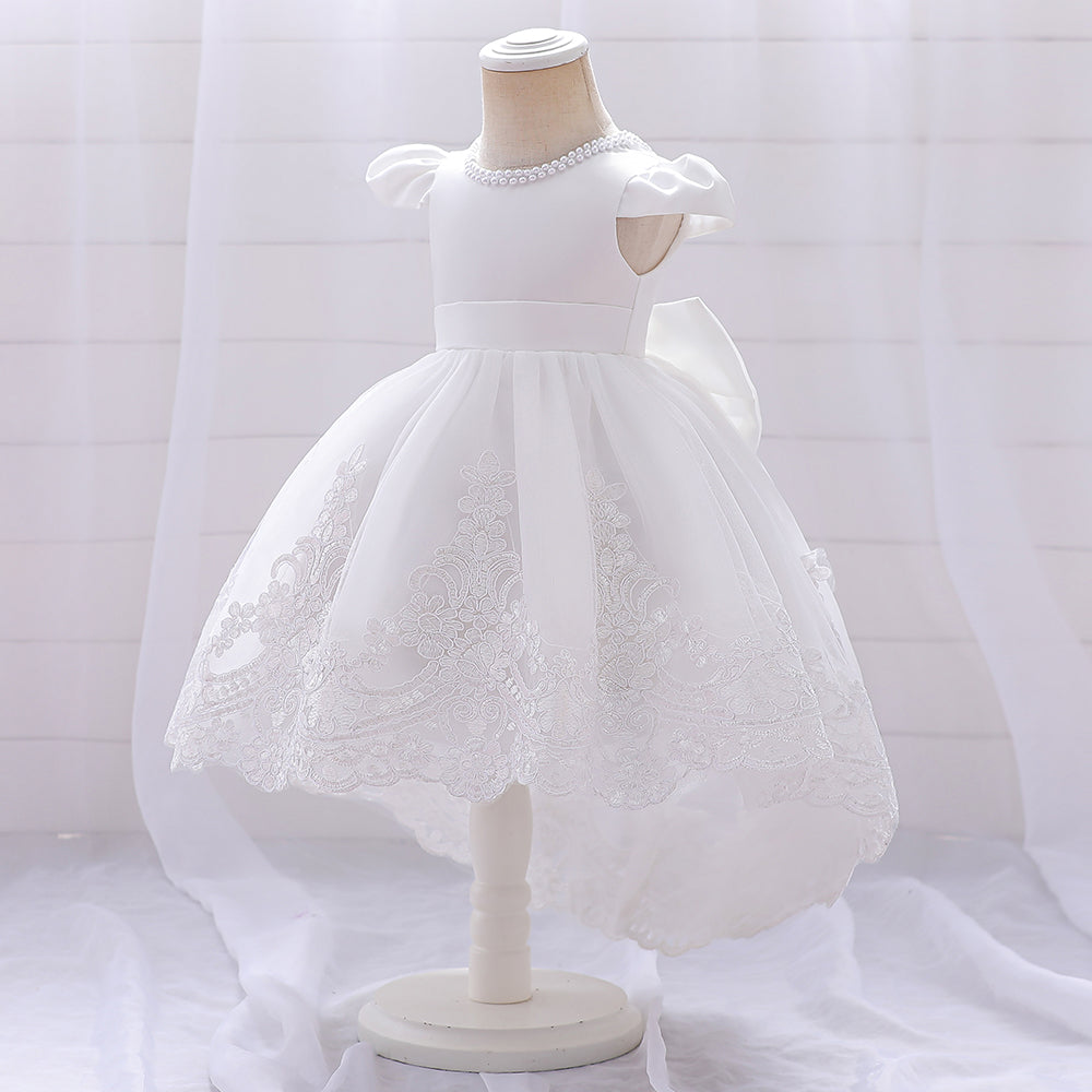 Girls Christmas, Wedding, Baptism and flower girl Princess ball gown Dress with (flying sleeve, Beaded Collar and Fancy Bow)