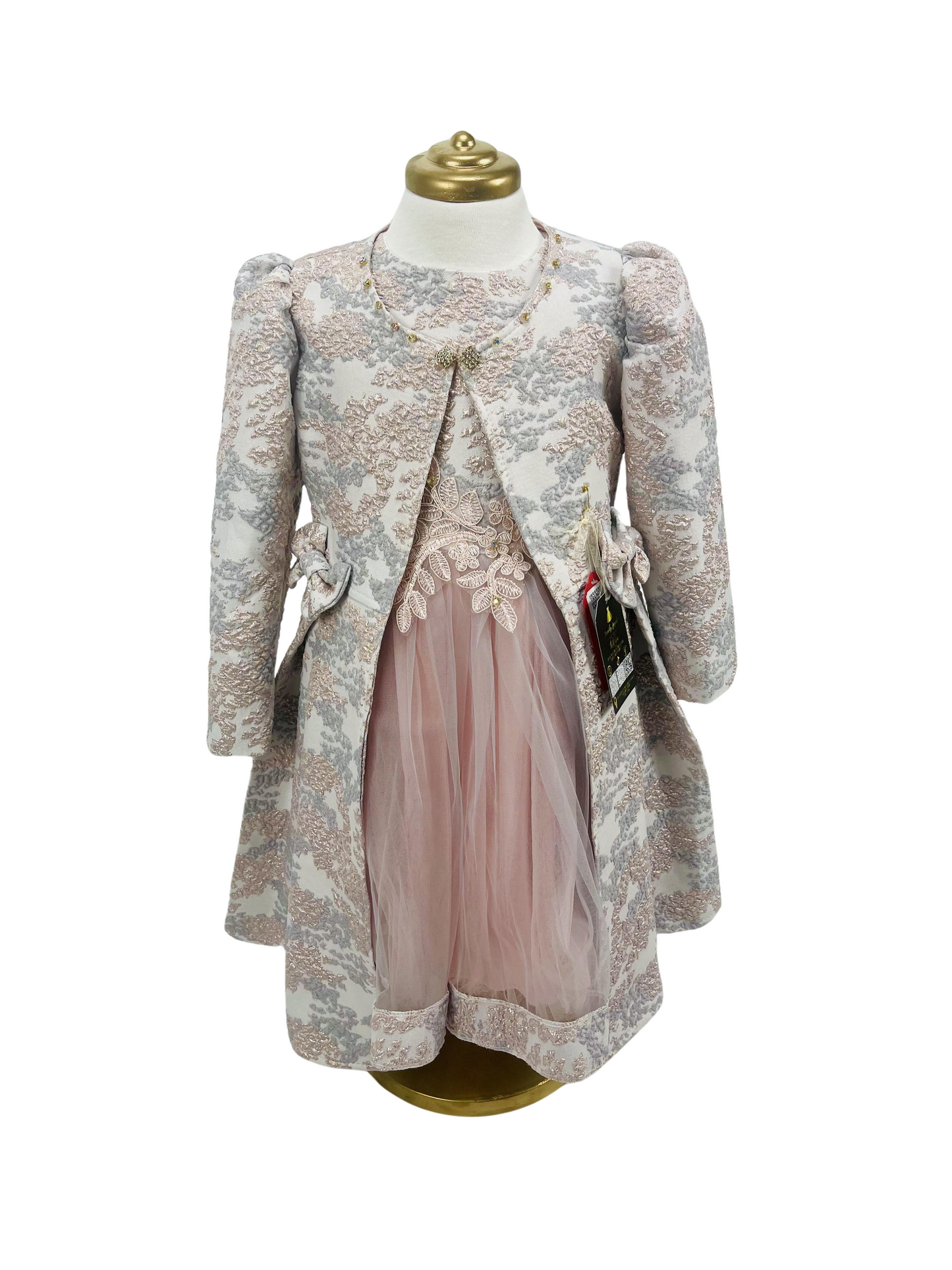 3Pcs Floral Dresses Embroidery Fabric French Lace Girls Dress with Long stylish Coat, Bag and the Dress.
