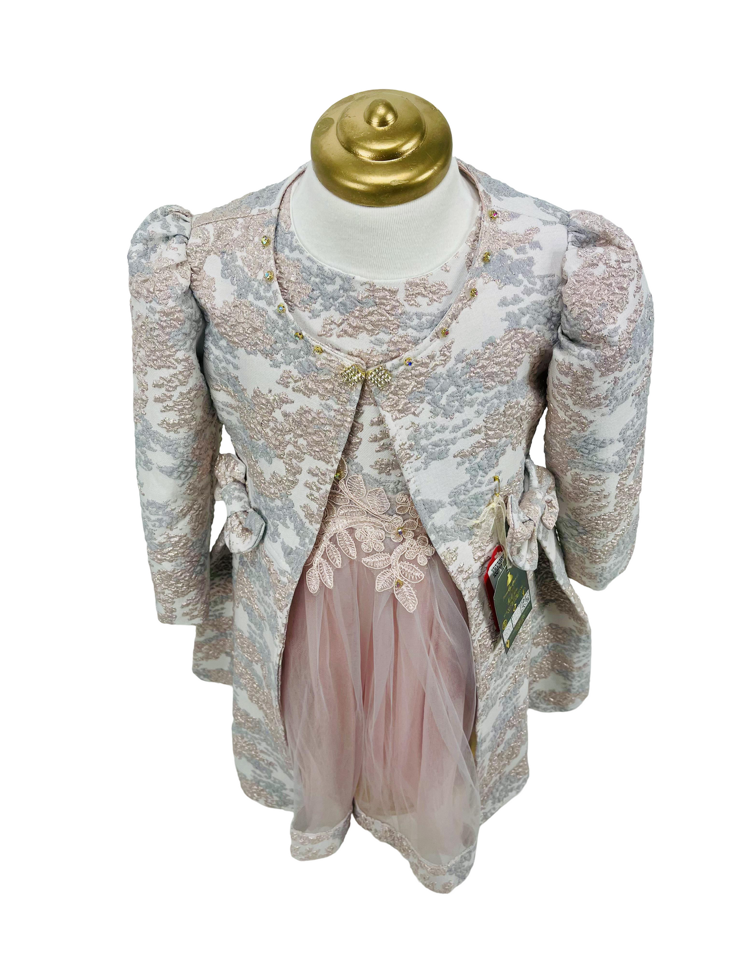 3Pcs Floral Dresses Embroidery Fabric French Lace Girls Dress with Long stylish Coat, Bag and the Dress.