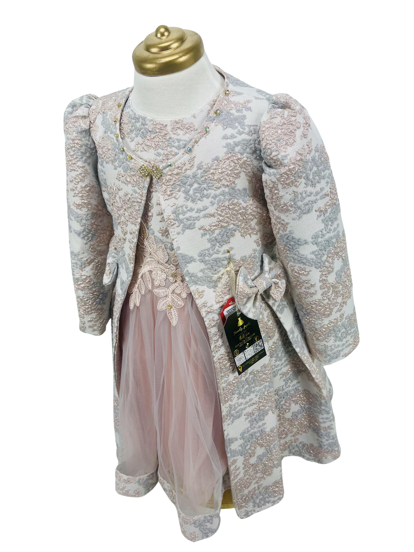 3Pcs Floral Dresses Embroidery Fabric French Lace Girls Dress with Long stylish Coat, Bag and the Dress.