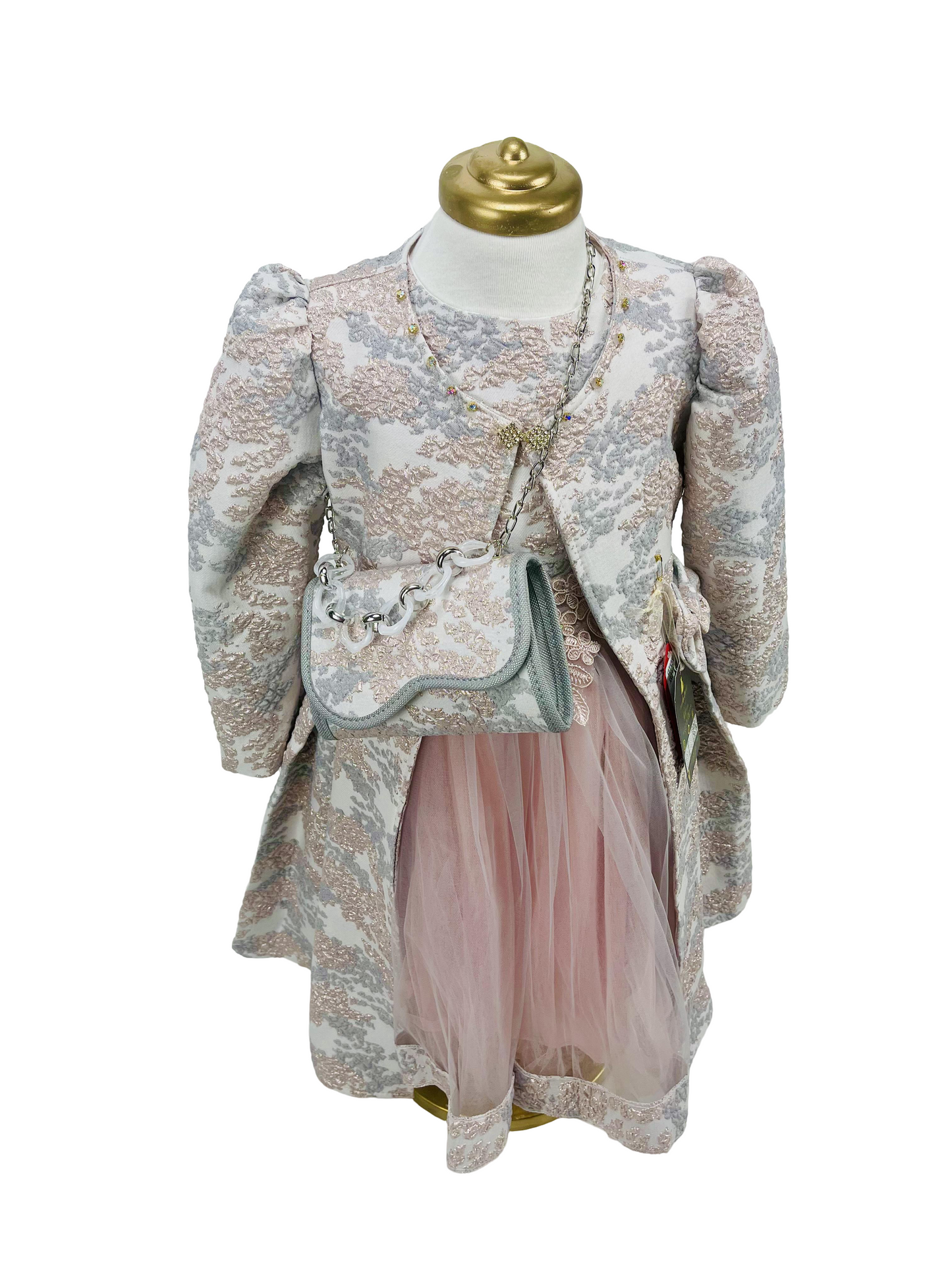 3Pcs Floral Dresses Embroidery Fabric French Lace Girls Dress with Long stylish Coat, Bag and the Dress.