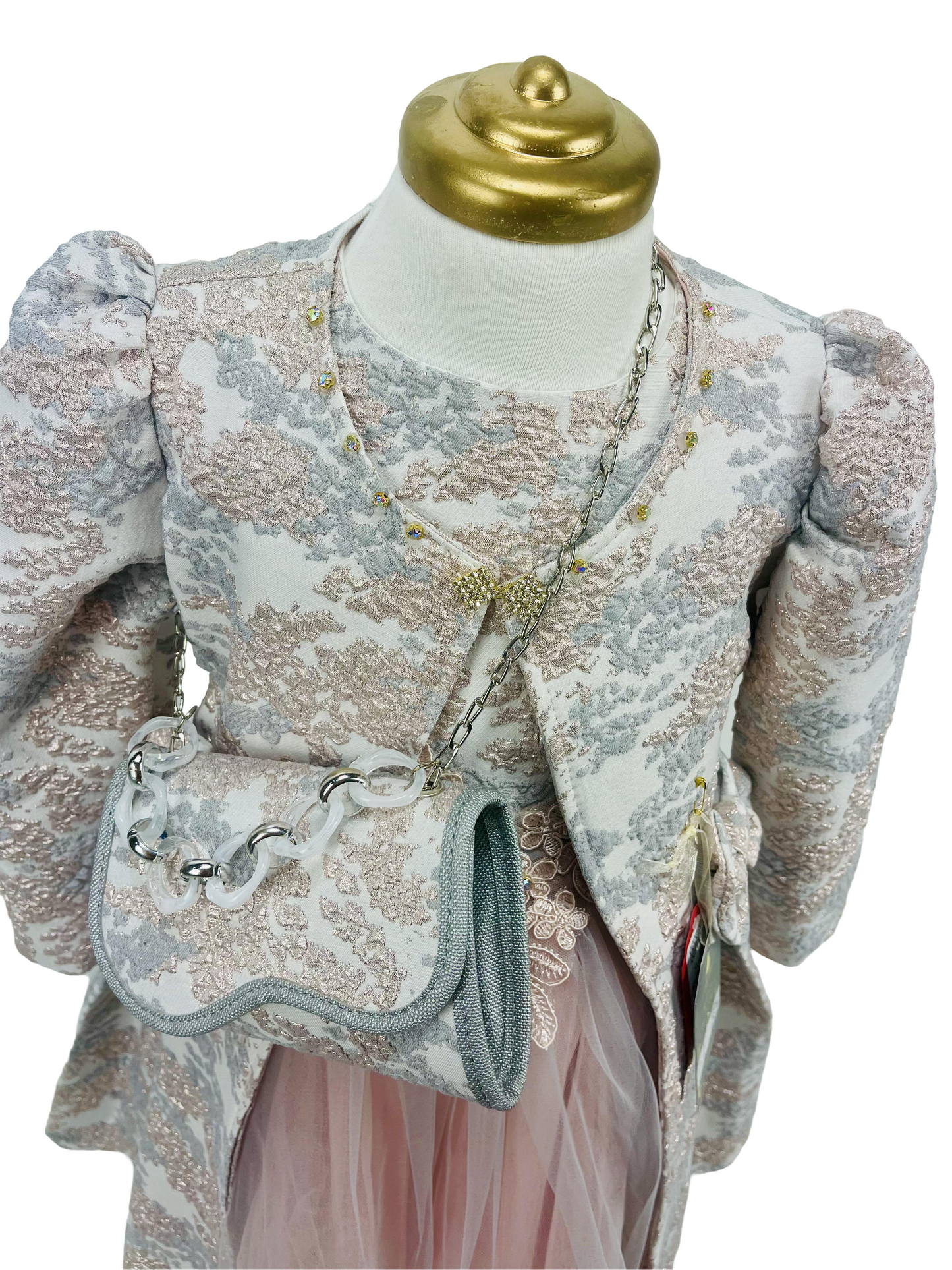 3Pcs Floral Dresses Embroidery Fabric French Lace Girls Dress with Long stylish Coat, Bag and the Dress.