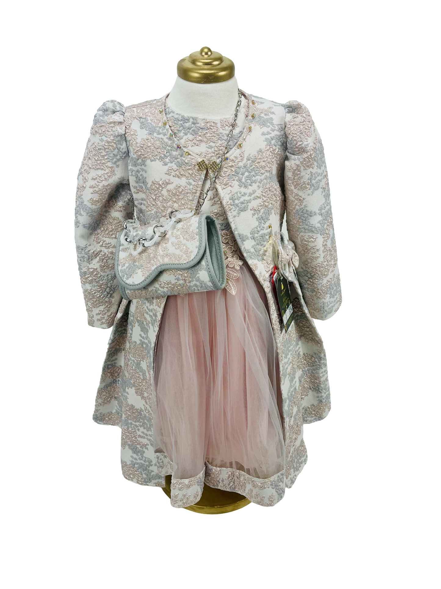 3Pcs Floral Dresses Embroidery Fabric French Lace Girls Dress with Long stylish Coat, Bag and the Dress.