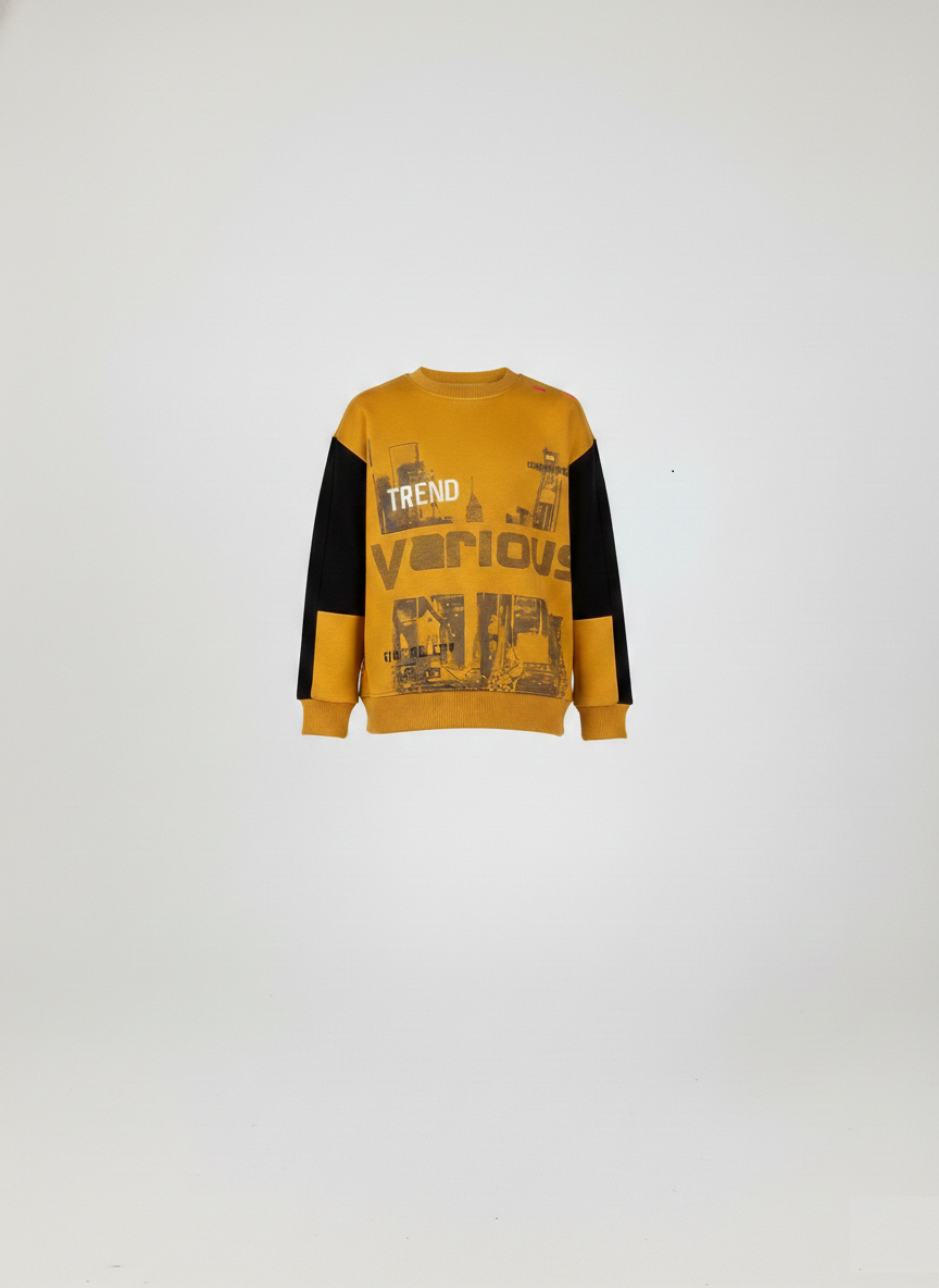 Mustard yellow and black kids' sweatshirt featuring urban 'Trend Various' graphics; a versatile, high-quality top for sports or casual lounging at Trendy Angels Boutique.