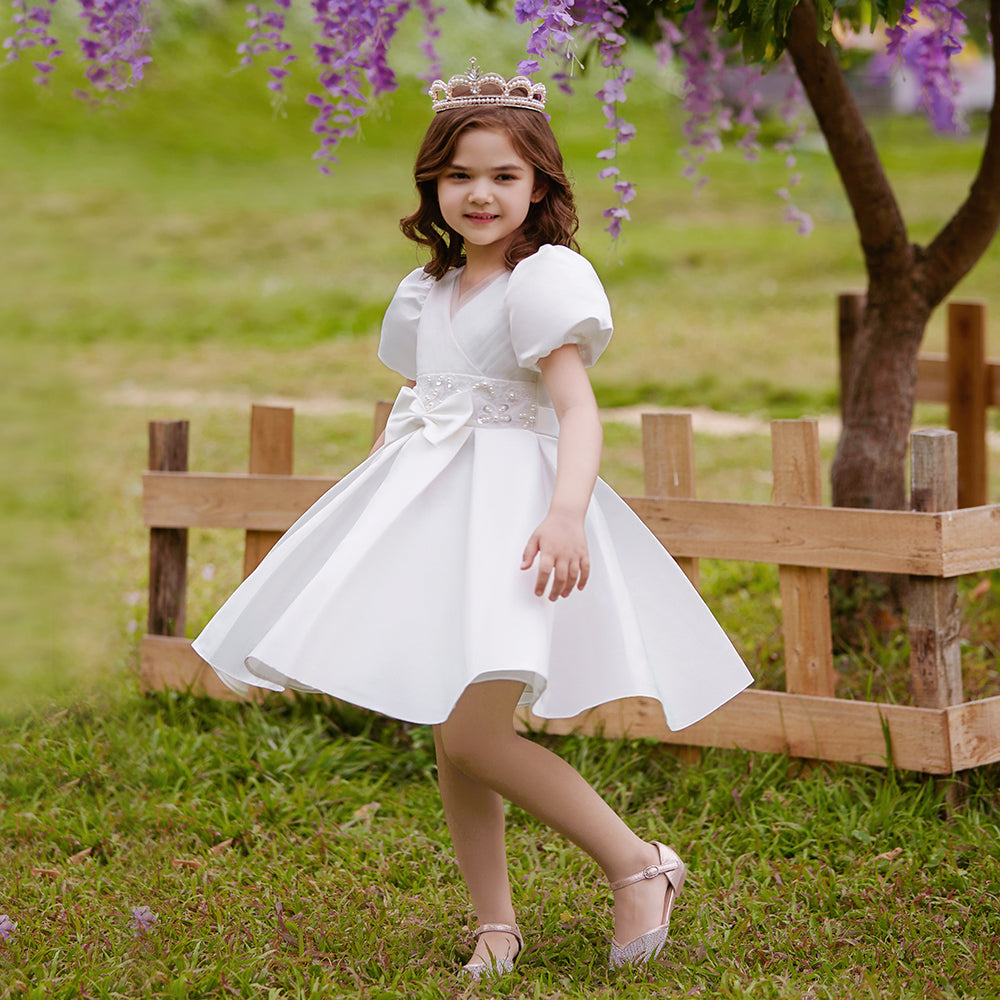 Elegant V-Neck Princess Dress with Bubble Sleeves for Girls, Sparkling Beading & Graceful Waist Detail
