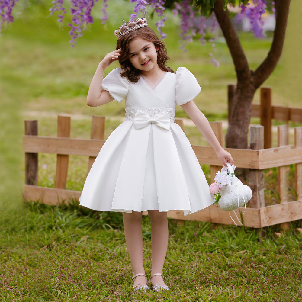 Elegant V-Neck Princess Dress with Bubble Sleeves for Girls, Sparkling Beading & Graceful Waist Detail