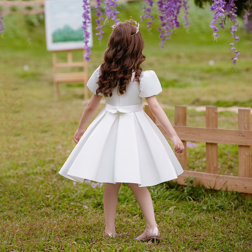Elegant V-Neck Princess Dress with Bubble Sleeves for Girls, Sparkling Beading & Graceful Waist Detail