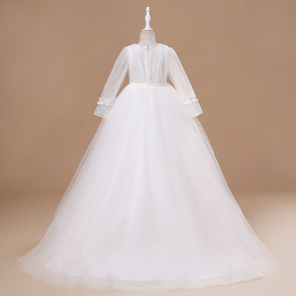 Elegant Long Sleeve Flower Girl Wedding & Communion Dress – Floor-Length Grace for Special Occasions