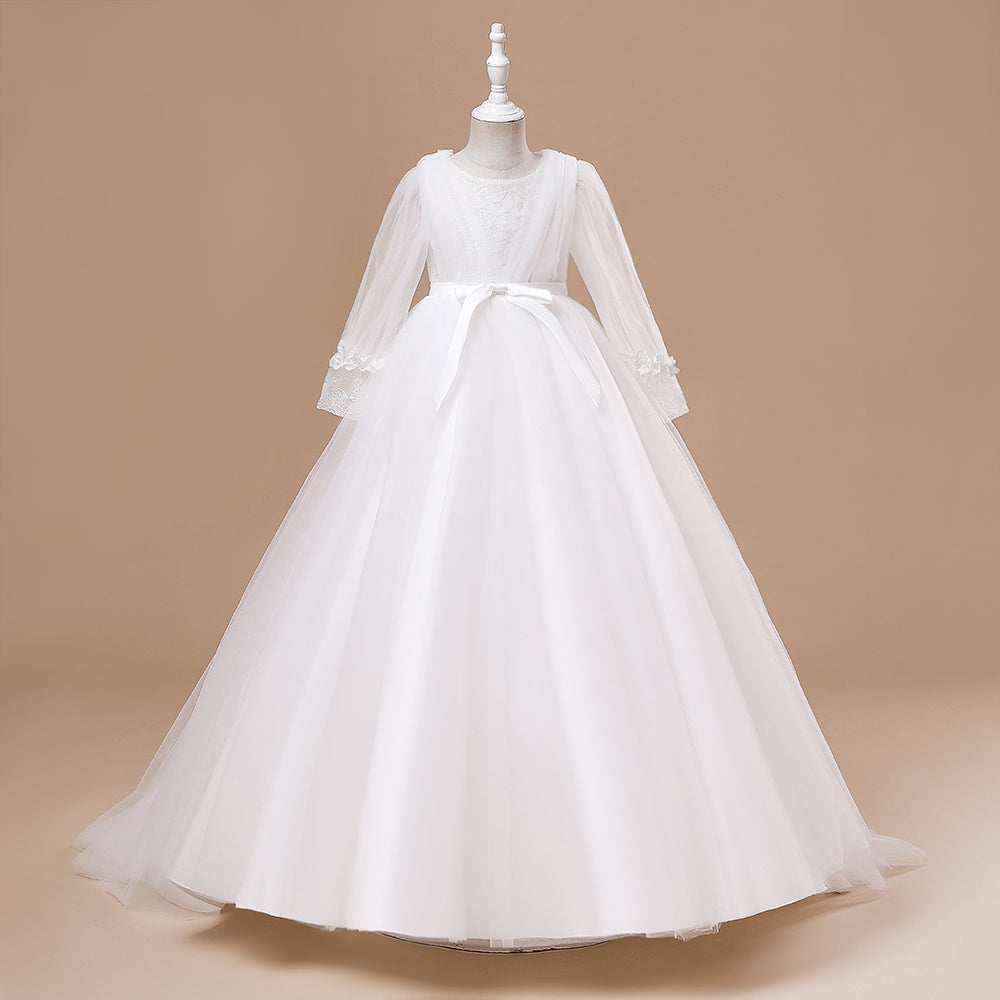 Elegant Long Sleeve Flower Girl Wedding & Communion Dress – Floor-Length Grace for Special Occasions
