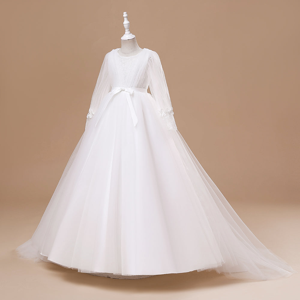 Elegant Long Sleeve Flower Girl Wedding & Communion Dress – Floor-Length Grace for Special Occasions