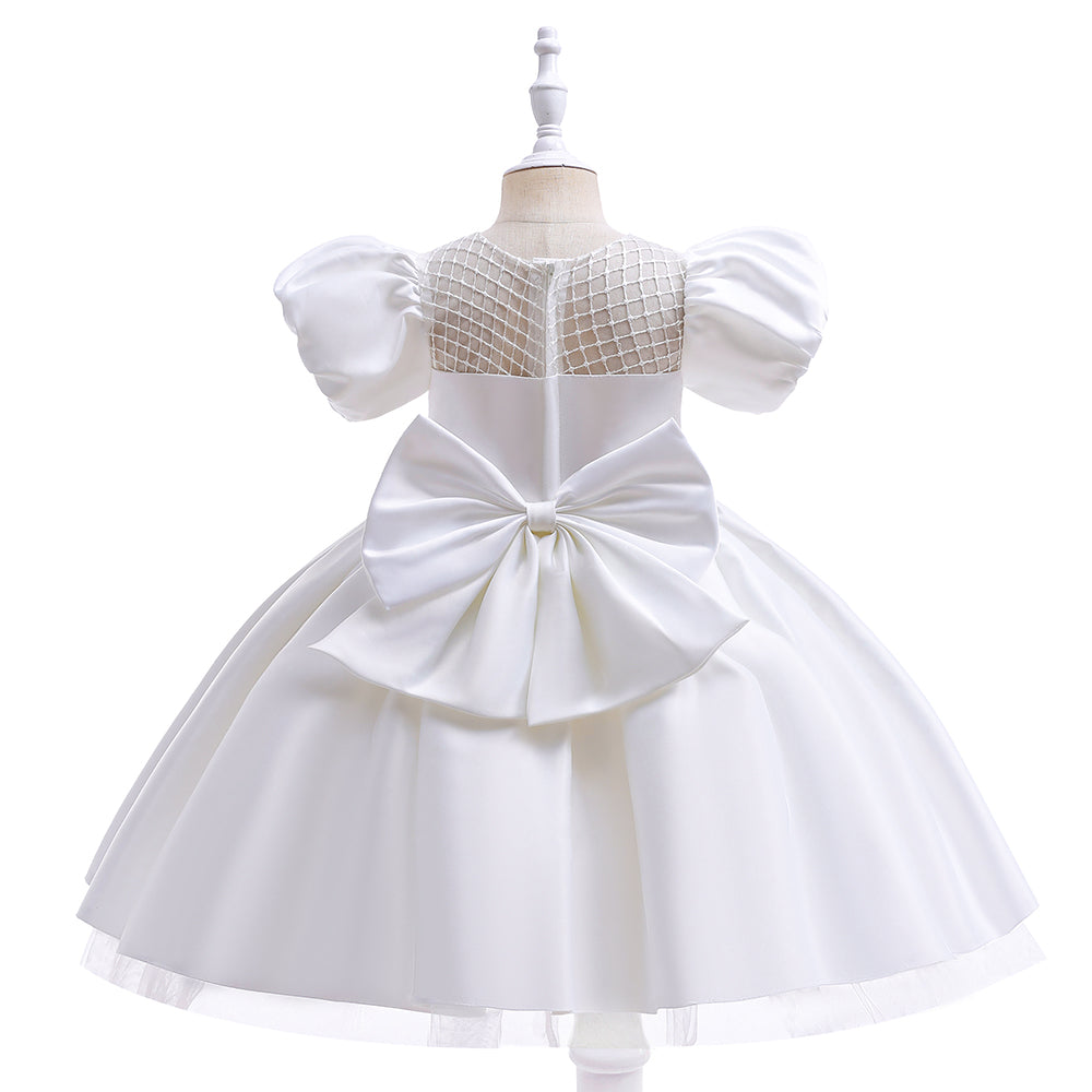Toddler Satin Dress with Short Puff Sleeve ,Bowknot, Formal Pageant A-Line Girl Party Dress.