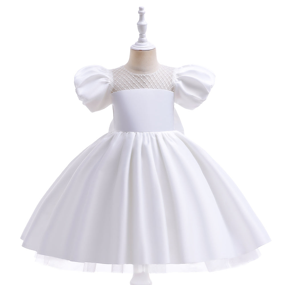 Toddler Satin Dress with Short Puff Sleeve ,Bowknot, Formal Pageant A-Line Girl Party Dress.